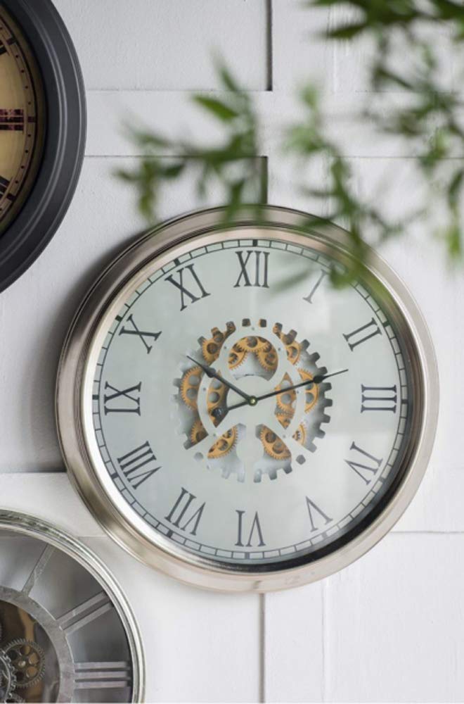 Ebros Large 25" W Contemporary Silver Trim Steampunk Wall Clock With Moving Gear