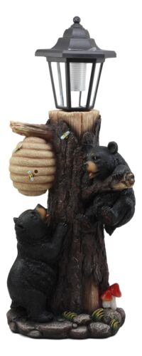 Ebros Large Climbing Black Bear Cubs Reaching For Honeycomb Beehive LED Path Lighter Statue 19"Tall With Solar Lantern Light Welcome Sign Guest Greeter Decor Figurine
