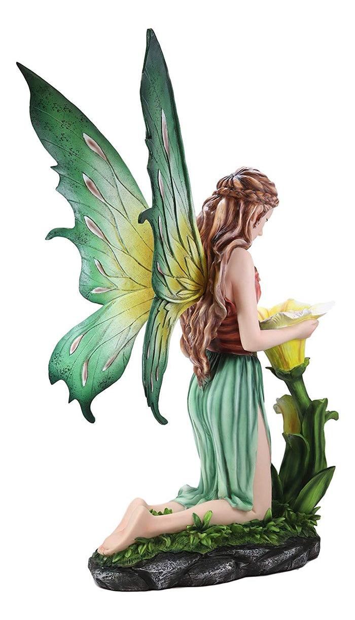 Ebros Large Crown Braided Hair Fairy Kneeling By Yellow Lilies Statue 28" Tall Reflection Of A Faerie FAE Nymph Pixie Magic Collectible Figurine Fantasy Fairies Pixies Nymphs Home Decor