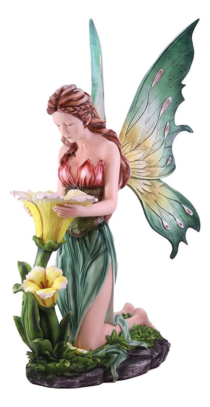 Ebros Large Crown Braided Hair Fairy Kneeling By Yellow Lilies Statue 28" Tall Reflection Of A Faerie FAE Nymph Pixie Magic Collectible Figurine Fantasy Fairies Pixies Nymphs Home Decor
