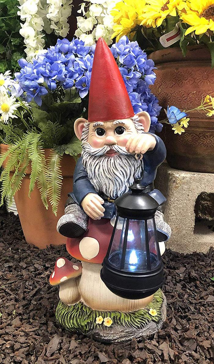 Ebros Large Whimsical Big Eyed Mr Gnome Sitting On Giant Toadstool Mushroom Holding Out Solar LED Lantern Light Statue 15" Tall For Patio Garden Lawn Home Decor Gnomes Figurine