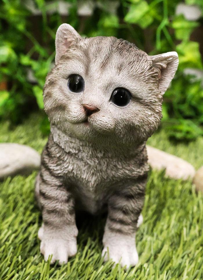 Ebros Lifelike Sitting Grey Tabby Cat Statue 6.75" Tall with Glass Eyes Hand Painted Realistic Feline Kitten Cat Decor Figurine