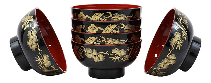 Ebros Made In Japan Black Red And Royal Gold Lacquer Copolymer Bowl 8oz Set Of 6