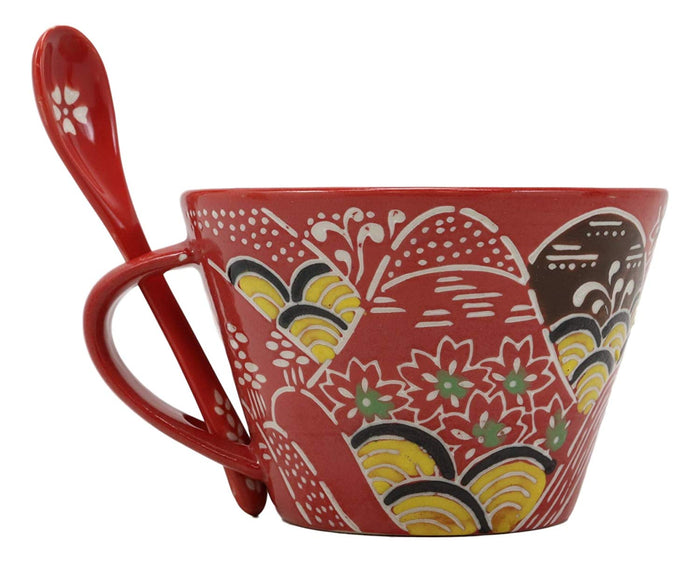 Ebros Porcelain Coffee Tea Latte Cafe Mug Drink Cup With Spoon 2pc Set 12oz Home Kitchen Decorative Ceramics (SINGLE Red Mountain Landscape)