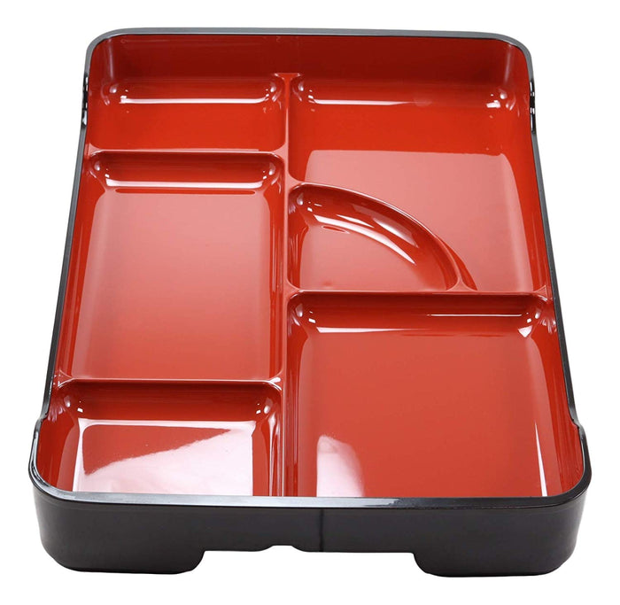 Ebros Red And Black Traditional Japanese Large Bento Box With Dividers 6 Compartments Lacquered Copolymer Plastic Serving Or Display Platter Tray 14" By 9.25" Made In Japan Dining Dinner Serveware (1)