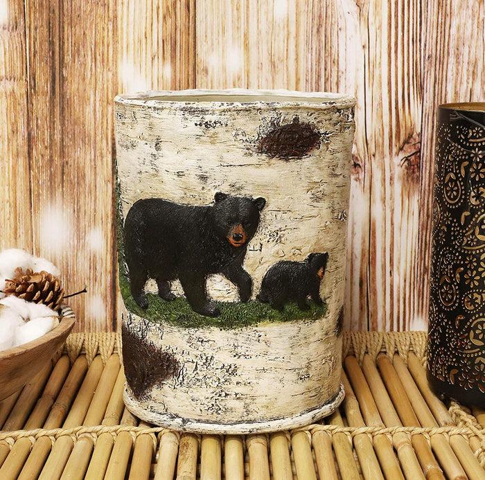 Ebros Rustic Black Bear In Pine Trees Forest Birch Finish Trash Waste Bin Decor