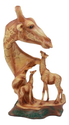 Ebros Safari Giraffe Bust Statue 12"Tall Faux Wood Resin Giraffe Family In Wilfdlife Savanna Scene Figurine