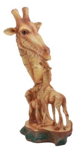 Ebros Safari Giraffe Bust Statue 12"Tall Faux Wood Resin Giraffe Family In Wilfdlife Savanna Scene Figurine