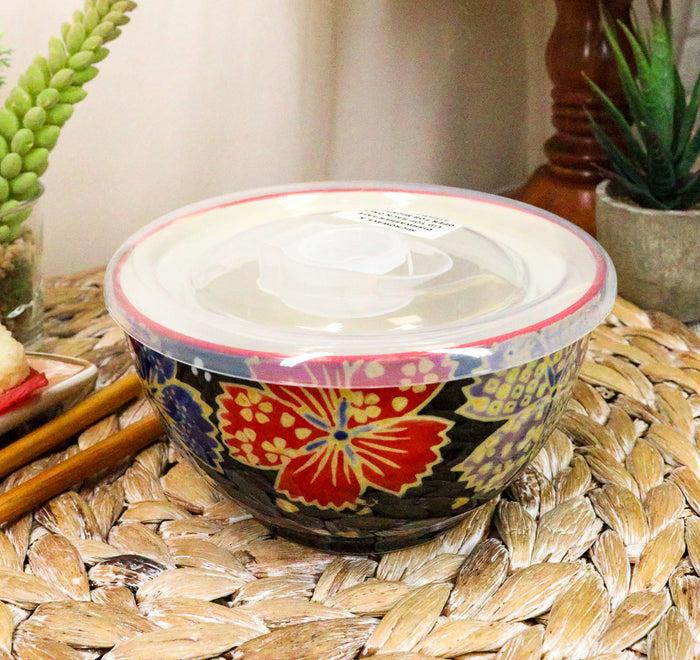 Ebros Set of 2 Ceramic Midnight Floral Blooms Portion Meal Bowls 2 Cups Airtight Lid