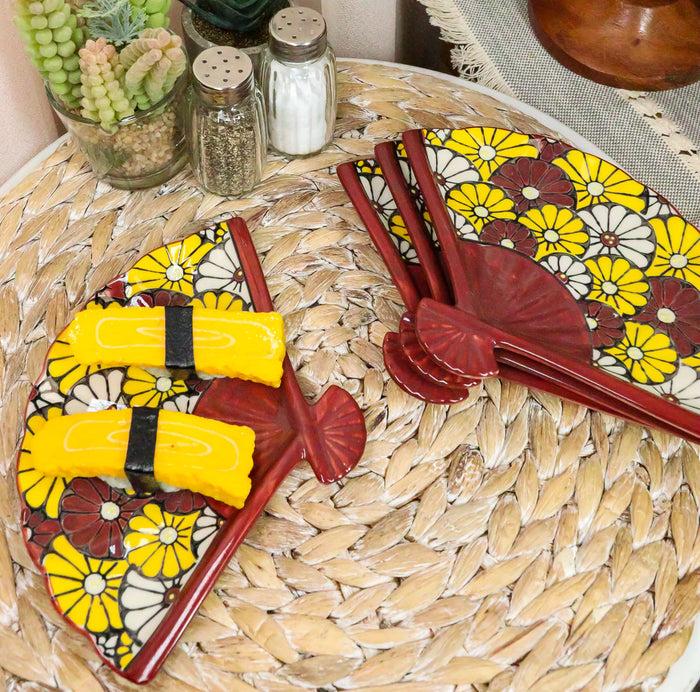 Ebros Set Of 4 Colorful Sunflowers Garden Oriental Fan Shaped Appetizer Sushi Plates