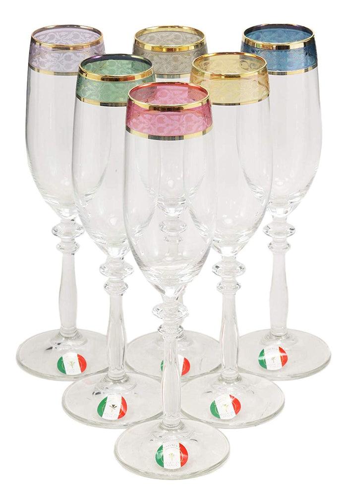 Ebros Set Of 6 Colorful Victorian Floral Italian Import Champagne Or Sparkling Wine Flute Glasses With Gold Plated Border Accent & Stylized Stem Base 6oz Bartending Glassware