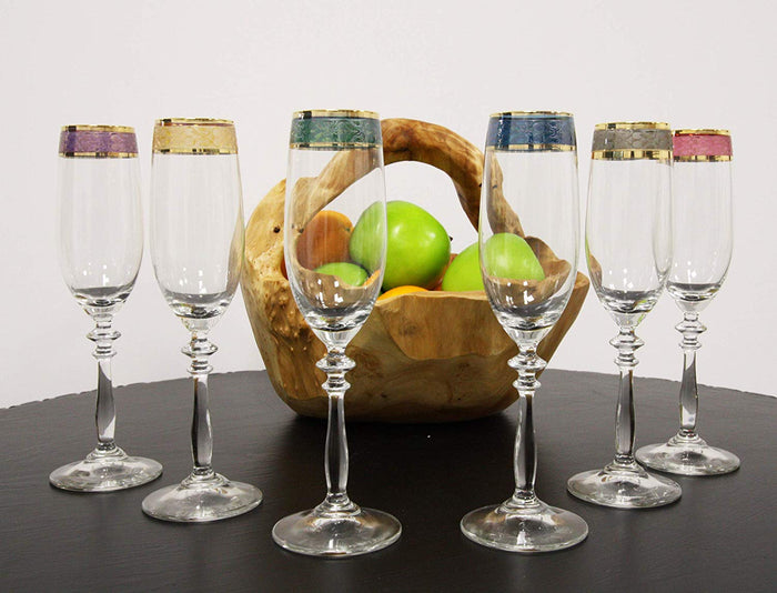 Ebros Set Of 6 Colorful Victorian Floral Italian Import Champagne Or Sparkling Wine Flute Glasses With Gold Plated Border Accent & Stylized Stem Base 6oz Bartending Glassware