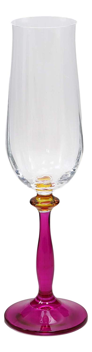 Ebros Set Of 6 Italian Import Champagne Or Sparkling Wine Elegant Flute Beveled Glasses With Kiln Infused Colorful Stylized Stem Base 6oz Bartending Party Hosting Glassware