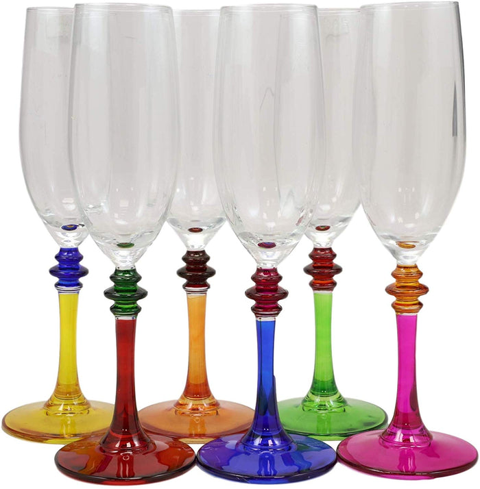Ebros Set Of 6 Italian Multi Color Flute Beveled Glasses With Kiln Infused Base