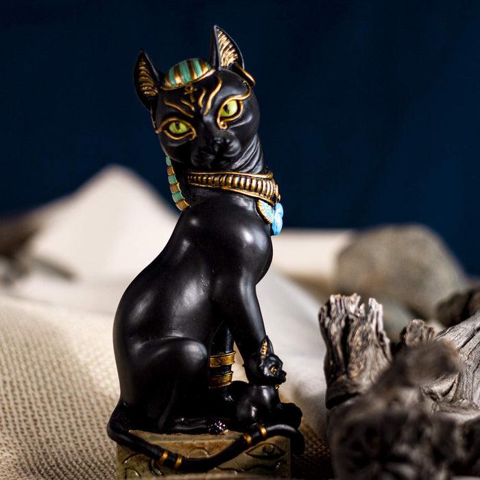 Egyptian Goddess Sitting Cat Bastet Mother With Kittens Statue In Vivid Colors