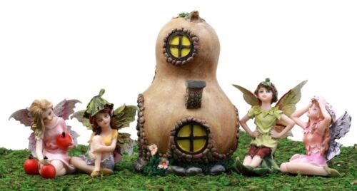 Fairy Garden Miniatures Starter Kit Halloween Gourd Cottage & 4 Fairy Figurines