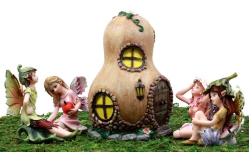 Fairy Garden Miniatures Starter Kit Halloween Gourd Cottage & 4 Fairy Figurines