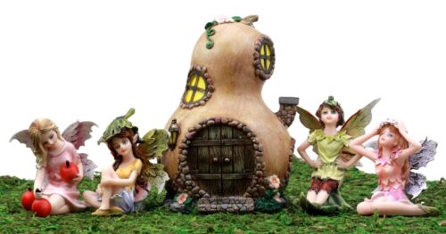 Fairy Garden Miniatures Starter Kit Halloween Gourd Cottage & 4 Fairy Figurines