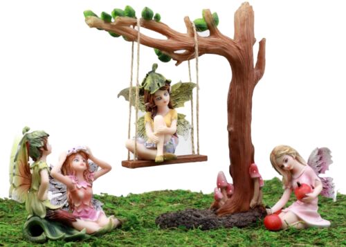 Fairy Garden Miniatures Starter Kit Tree Swing With Four Fairies Figurine Set