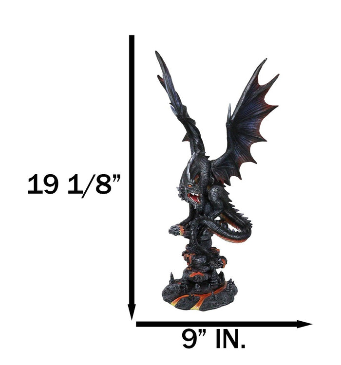 Fira Legendary Black Ember Dragon Perching On Volcanic Rocks With Lava Statue