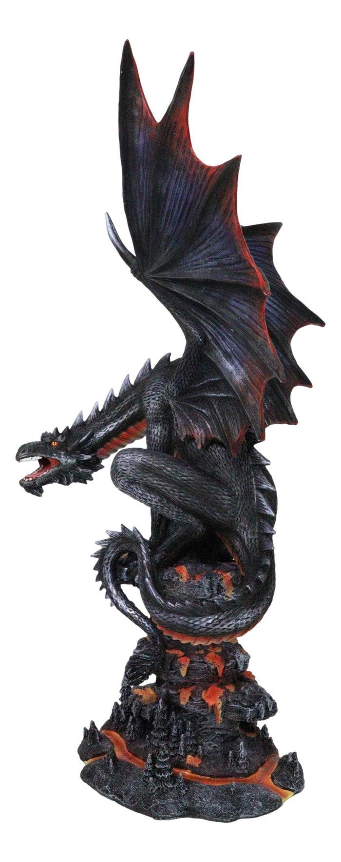 Fira Legendary Black Ember Dragon Perching On Volcanic Rocks With Lava Statue