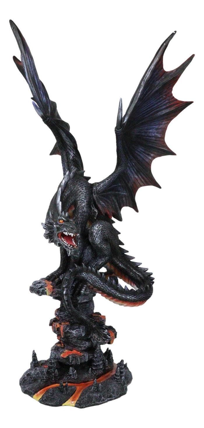 Fira Legendary Black Ember Dragon Perching On Volcanic Rocks With Lava Statue
