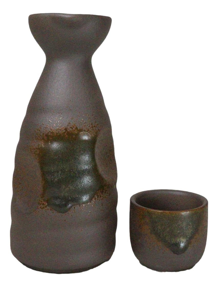 Glazed Ceramic Abstract Clay Brown Japanese Sake Tokkuri Flask And 4 Cups Set
