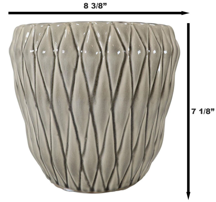 Glazed Pottery Ceramic Diamond Pattern Floral Grey Vase Planter Pot Gardening