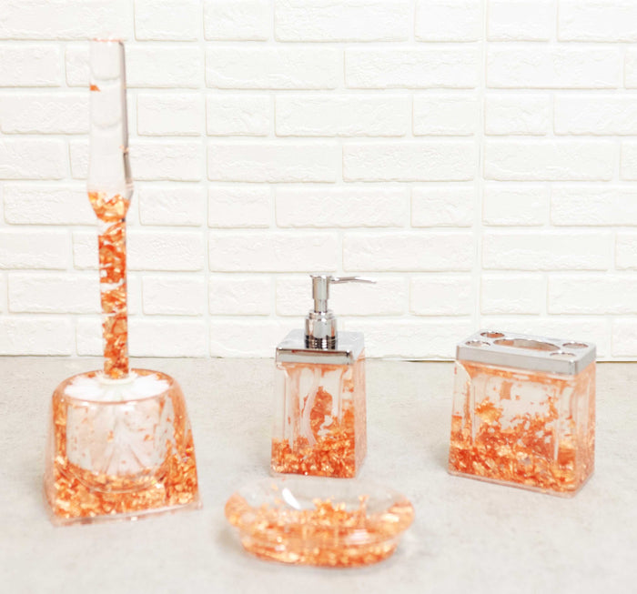 Golden Copper Flakes & Specks 5 Piece Chic Bathroom Vanity Accessories Gift Set