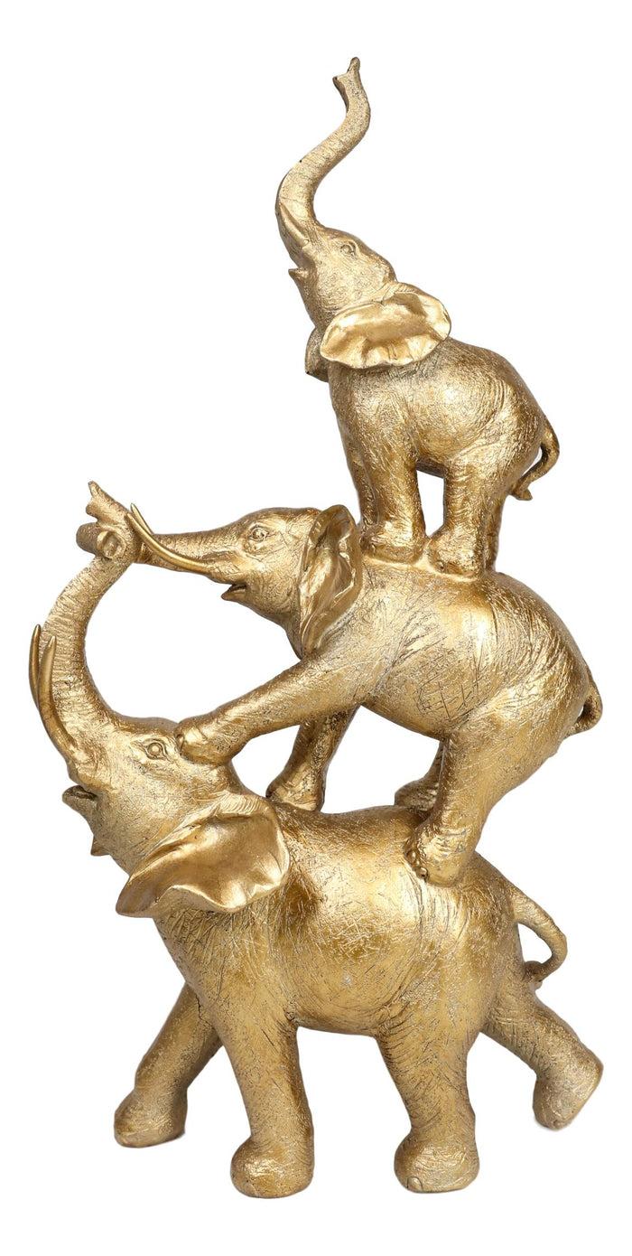 Golden Stacked Balancing Acrobatic Circus African Elephants Family Statue 15"H
