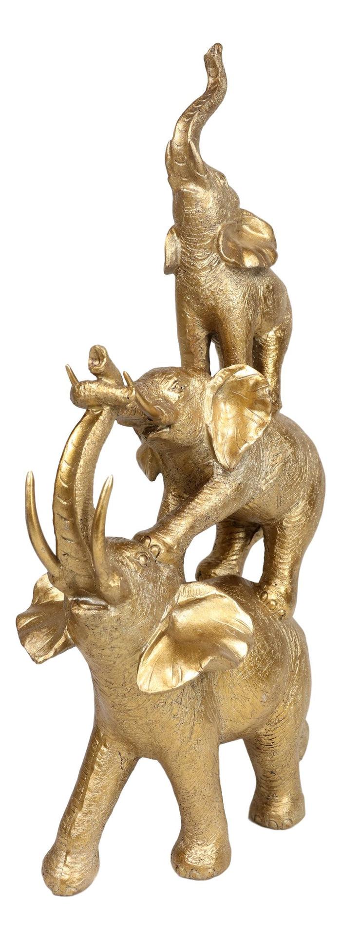 Golden Stacked Balancing Acrobatic Circus African Elephants Family Statue 15"H
