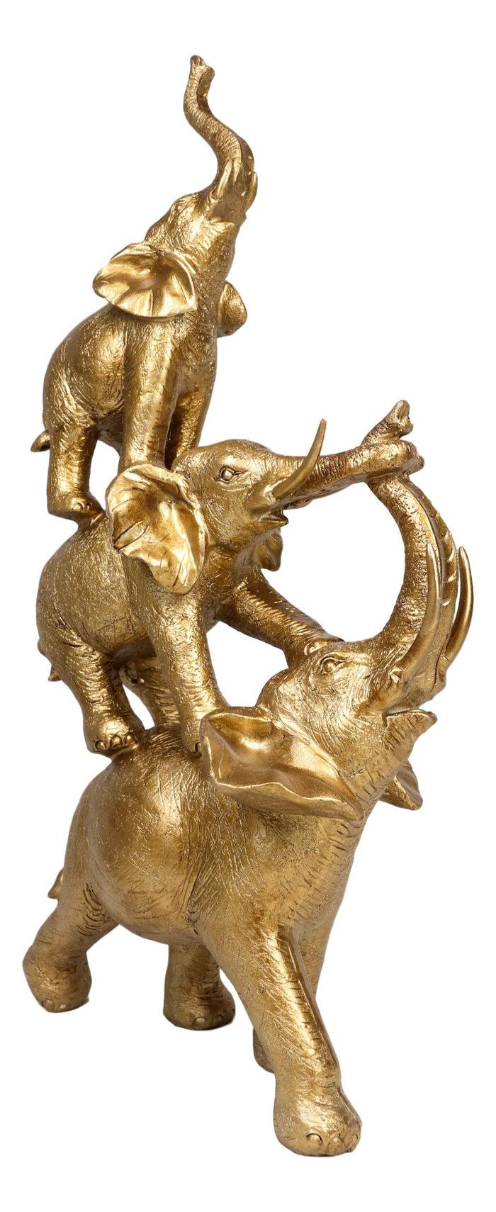Golden Stacked Balancing Acrobatic Circus African Elephants Family Statue 15"H