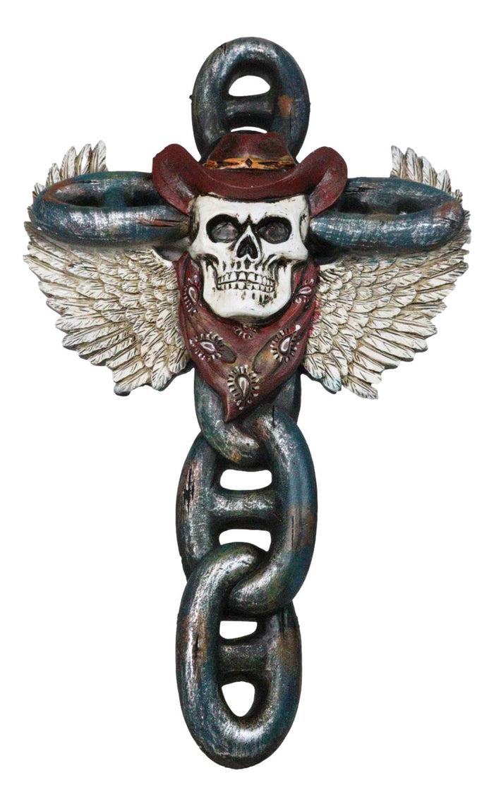 Gothic Angel Winged Cowboy Skull With Red Scarf Prison Shackle Chains Wall Cross