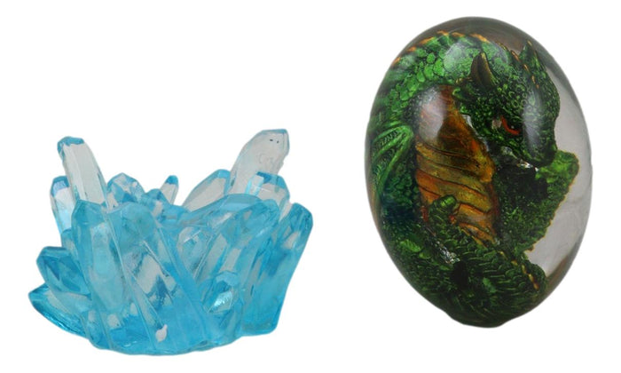 Green Fossil Dragon Hatchling Sleeping In Crystal Acrylic Glass Egg Figurine