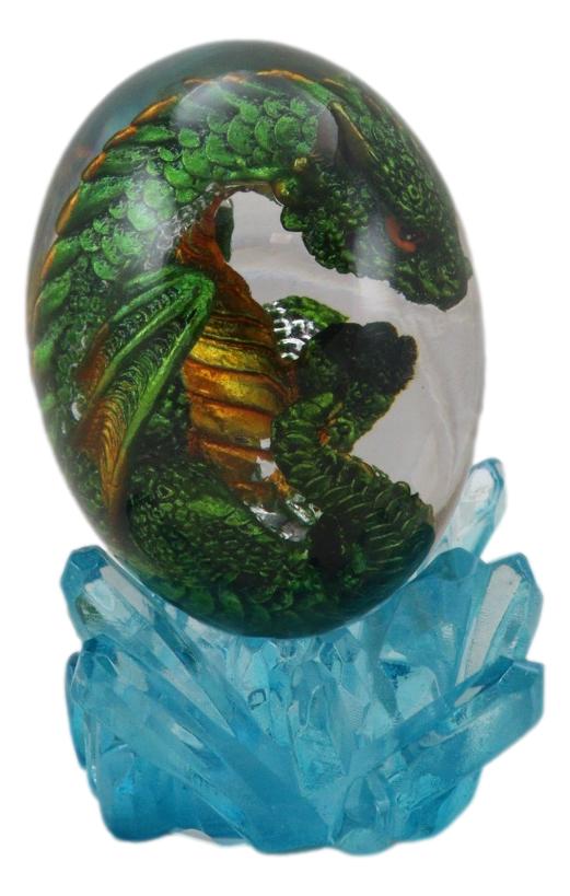 Green Fossil Dragon Hatchling Sleeping In Crystal Acrylic Glass Egg Figurine