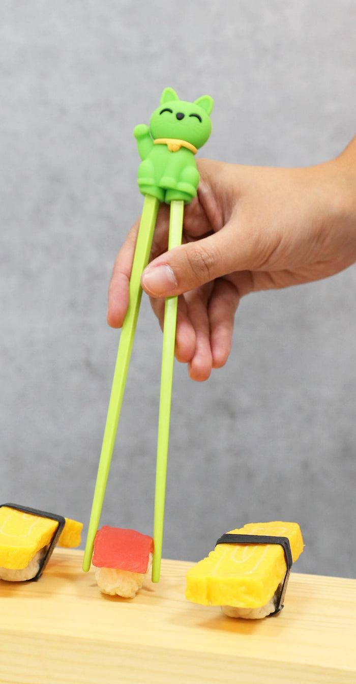 Green Maneki Neko Lucky Cat Reusable Training Chopsticks Set W/ Silicone Helper