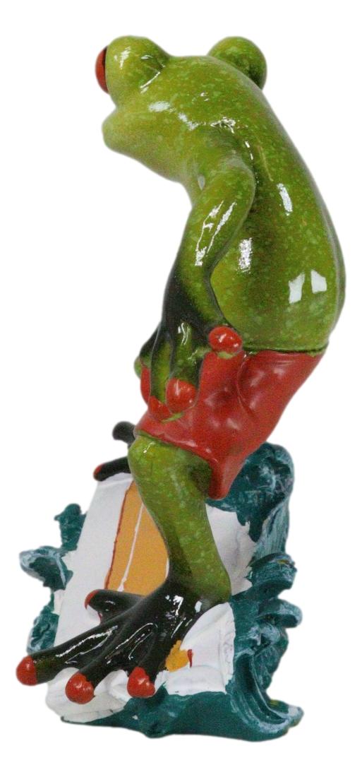 Green Surfer Toad Frog In Red Shorts Riding Ocean Waves With Surfboard Figurine