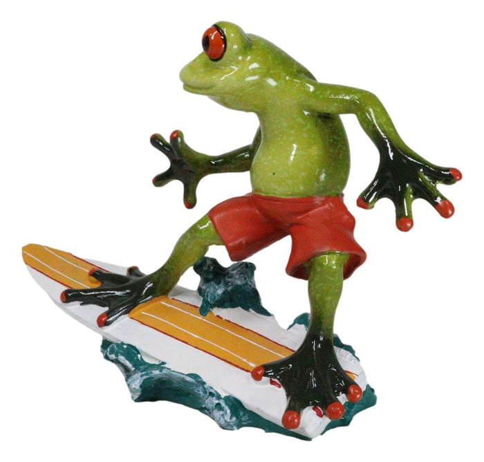 Green Surfer Toad Frog In Red Shorts Riding Ocean Waves With Surfboard Figurine