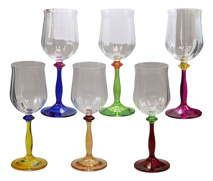 Italian Set Of 6 Beveled Champagne Wine Glasses With Infused Colorful Stems