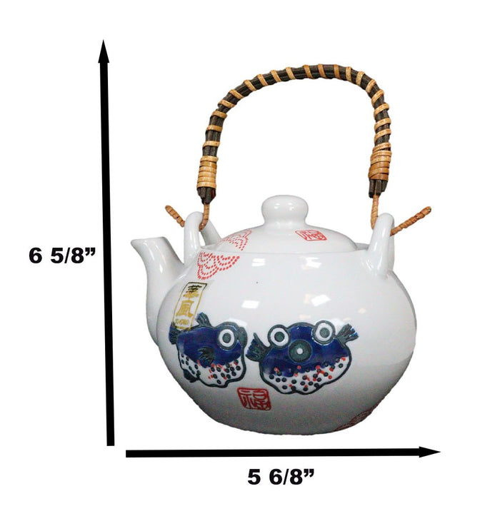 Japanese Blow Puffer Fish White Ceramic Tea Pot And Cups Set Serves 2