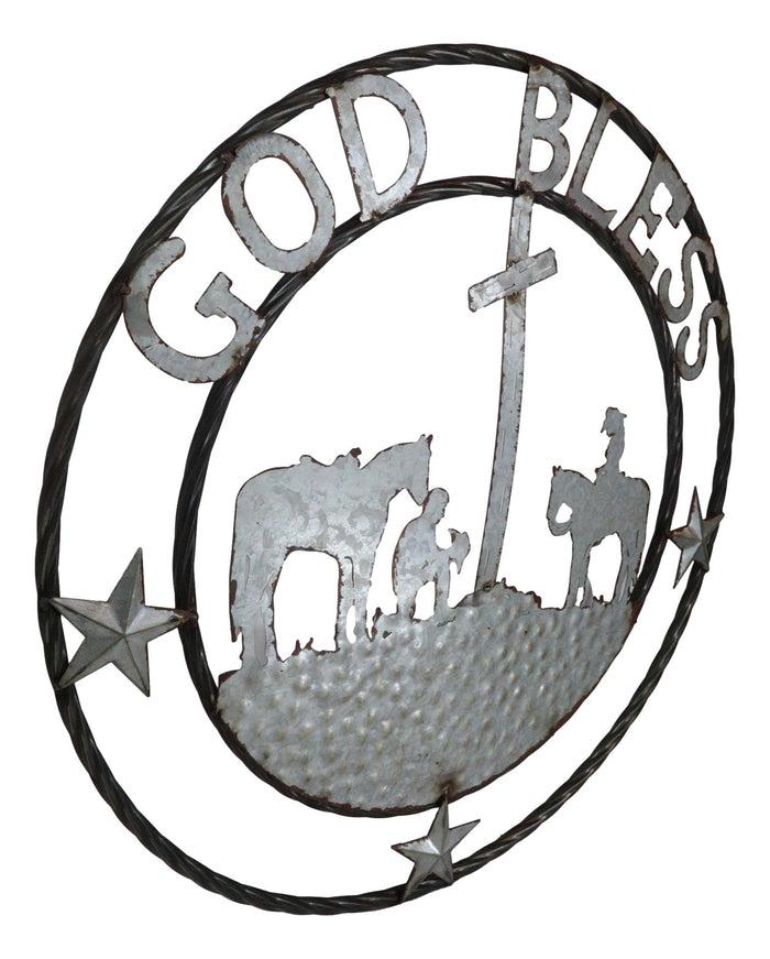 Large 24" Rustic Western Praying Cowboy Cowgirl God Bless Metal Wall Circle Sign