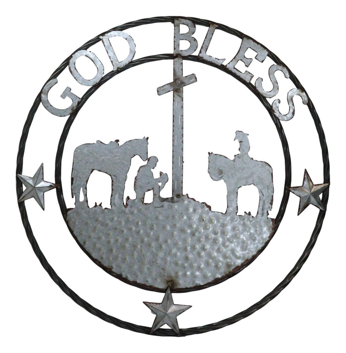 Large 24" Rustic Western Praying Cowboy Cowgirl God Bless Metal Wall Circle Sign