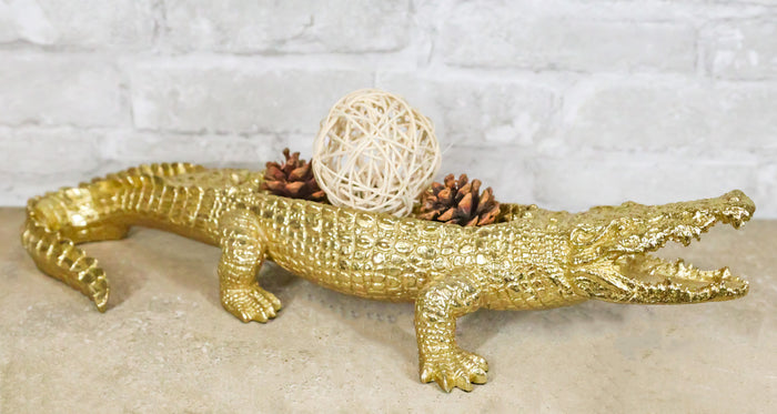 Large Gold Patina Crocodile Baring Razor Teeth Jewelry Tray Organizer Holder18"L