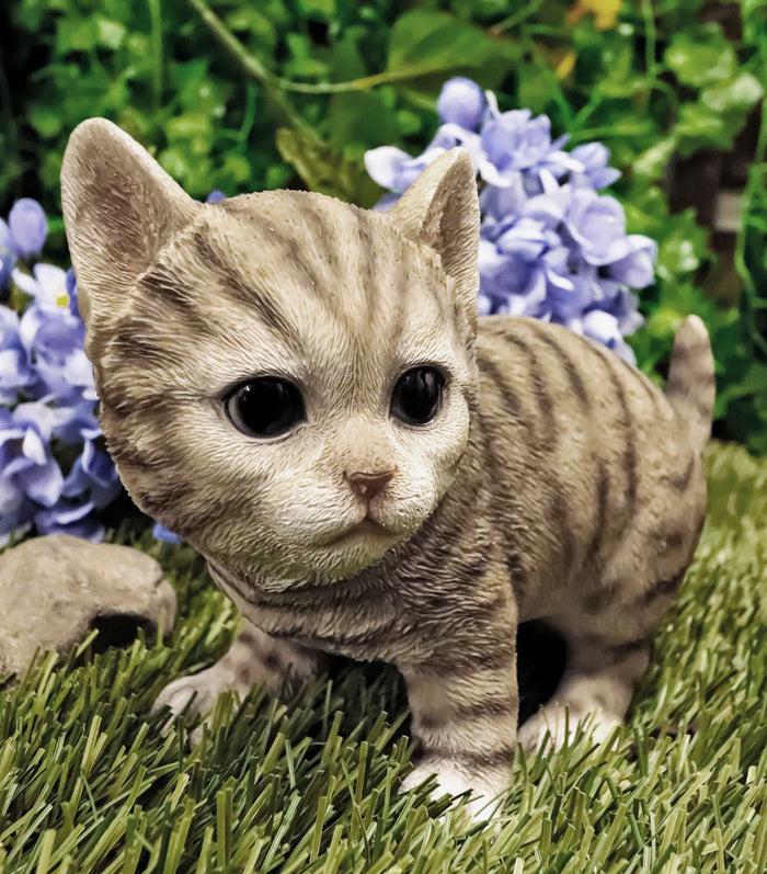 Lifelike Crouching Grey Striped Tabby Cat Statue 8.25"Long Realistic Glass Eyes