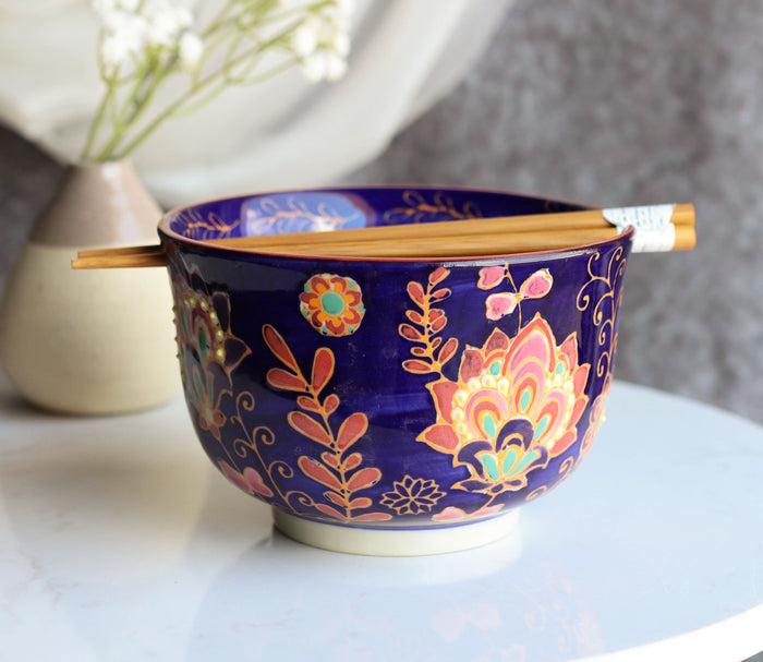 Mandala Floral Blossoms Purple Ramen Noodles Soup Large 6"D Bowl W/ Chopsticks