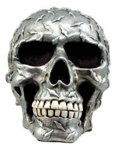 Metallic Finish Diamond Plate Skull Figurine 4.5"L Resin Cranium Ghost Statue