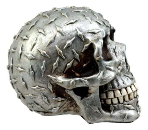 Metallic Finish Diamond Plate Skull Figurine 4.5"L Resin Cranium Ghost Statue