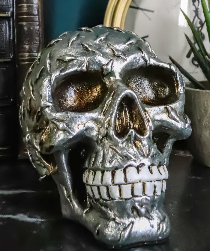 Metallic Finish Diamond Plate Skull Figurine 4.5"L Resin Cranium Ghost Statue