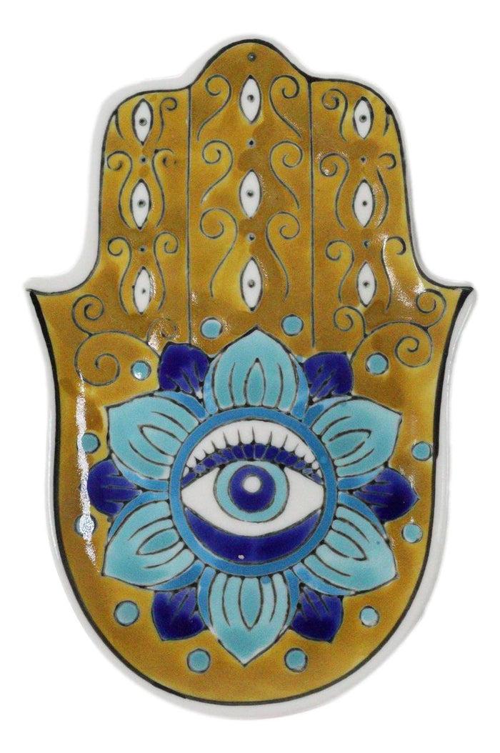 Orange Chakra Hamsa Palm Mandala and Evil Eye Ceramic Dish Brass Incense Holder