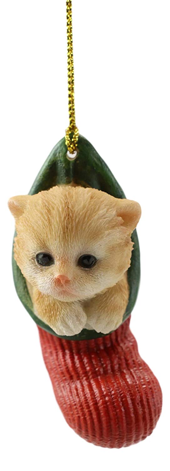 Orange Tabby Cat Kitten In The Sock Small Hanging Ornament Figurine & Glass Eyes